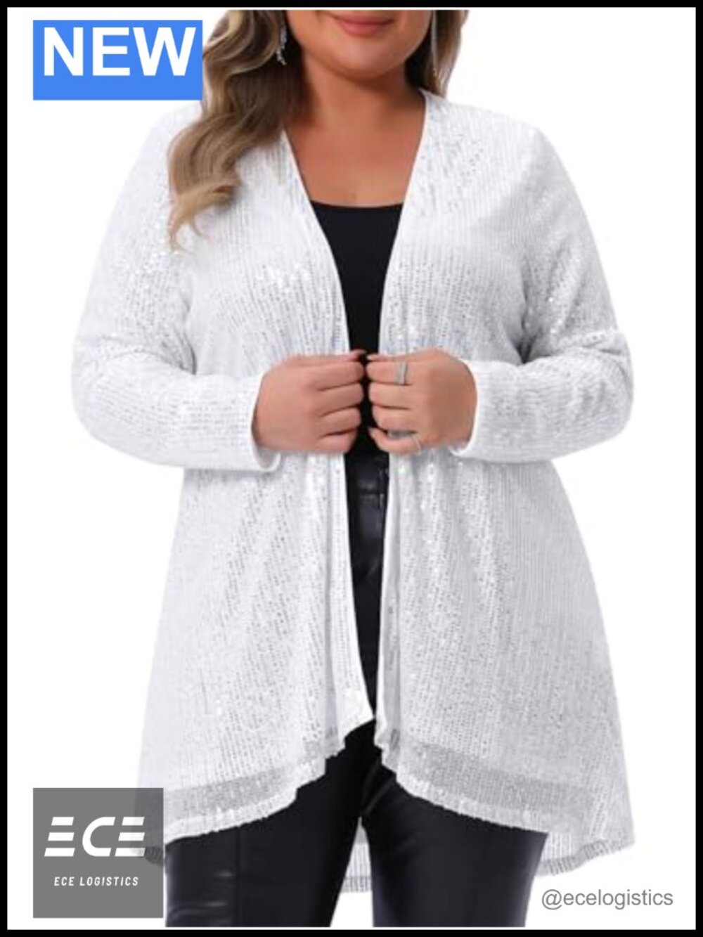 Plus Size Sequin Glitter Cardigan Long Sleeve Open Front Sparkly Jacket